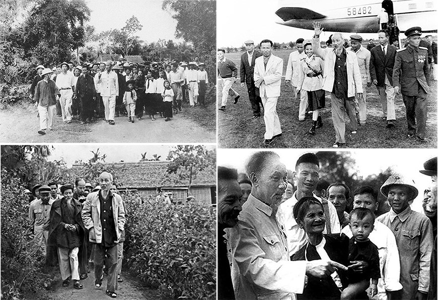 Bác Hồ cùng đồng bào, cán bộ xã Kim Liên trong những lần Bác về thăm quê. (Ảnh tư liệu)