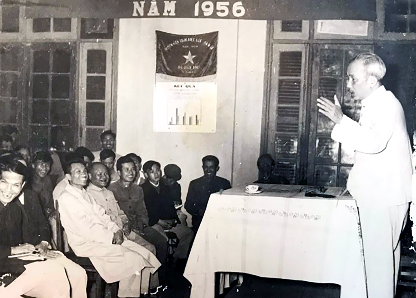Chủ tịch Hồ Chí Minh phát biểu trong Hội nghị tổng kết bình dân học vụ năm 1956. Ảnh tư liệu